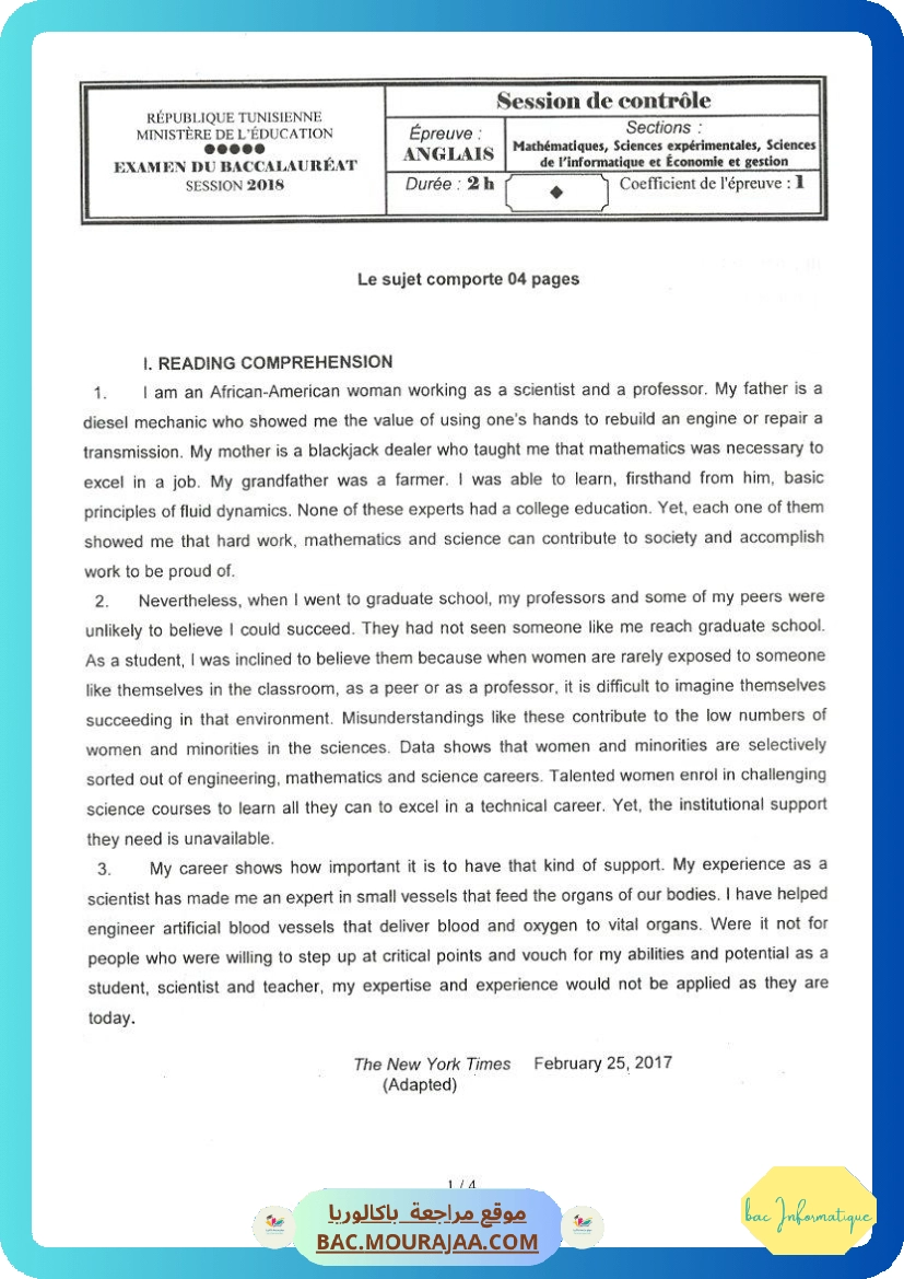 Sujet controle anglais Bac 2018 – Section info